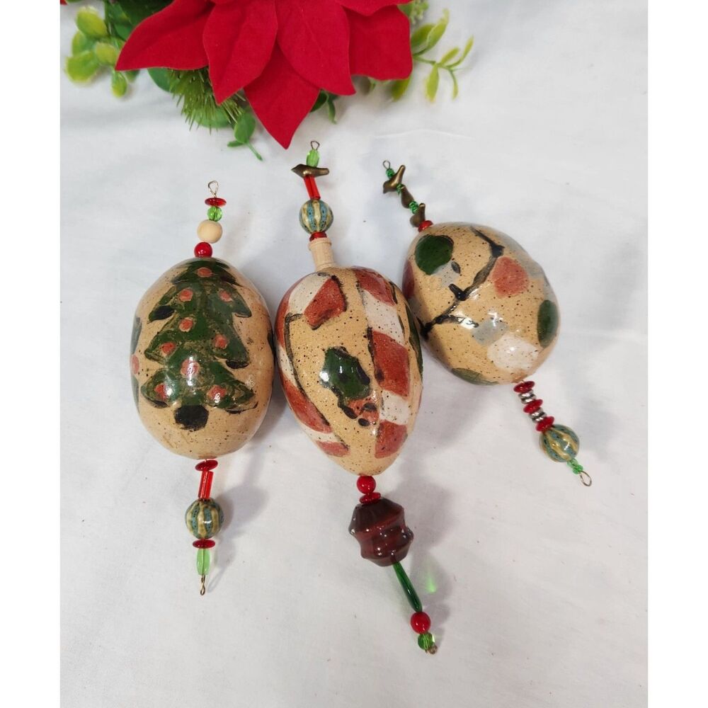 Hand Painted Ceramic Egg Ornaments Makers Marked w/Embellishments Set of 3
